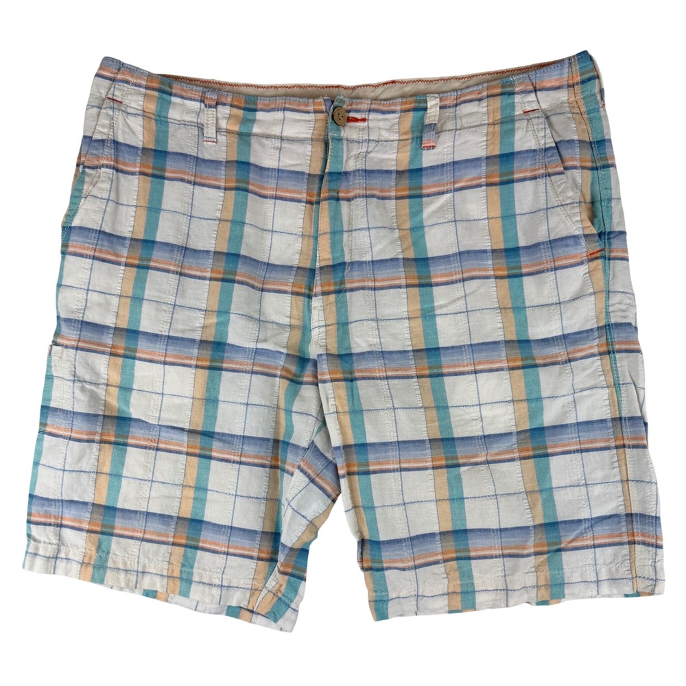 Tommy Bahama Relax Plaid Shorts Mens 38 Blue Orange Linen Blend Flat Front